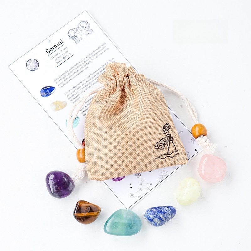 Natural crystal raw stone ore twelve constellations cloth bag set DIY mineral specimen