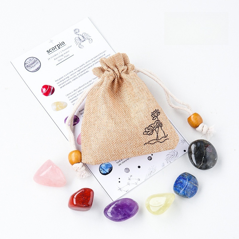 Natural crystal raw stone ore twelve constellations cloth bag set DIY mineral specimen