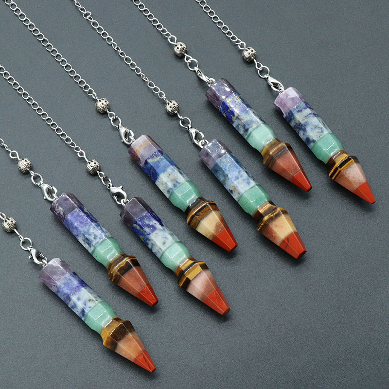 Seven Veins Yoga Pendulum Natural Crystal Colorful Stone Hexagonal Column Bullet Splicing Craft Pendulum Pendant