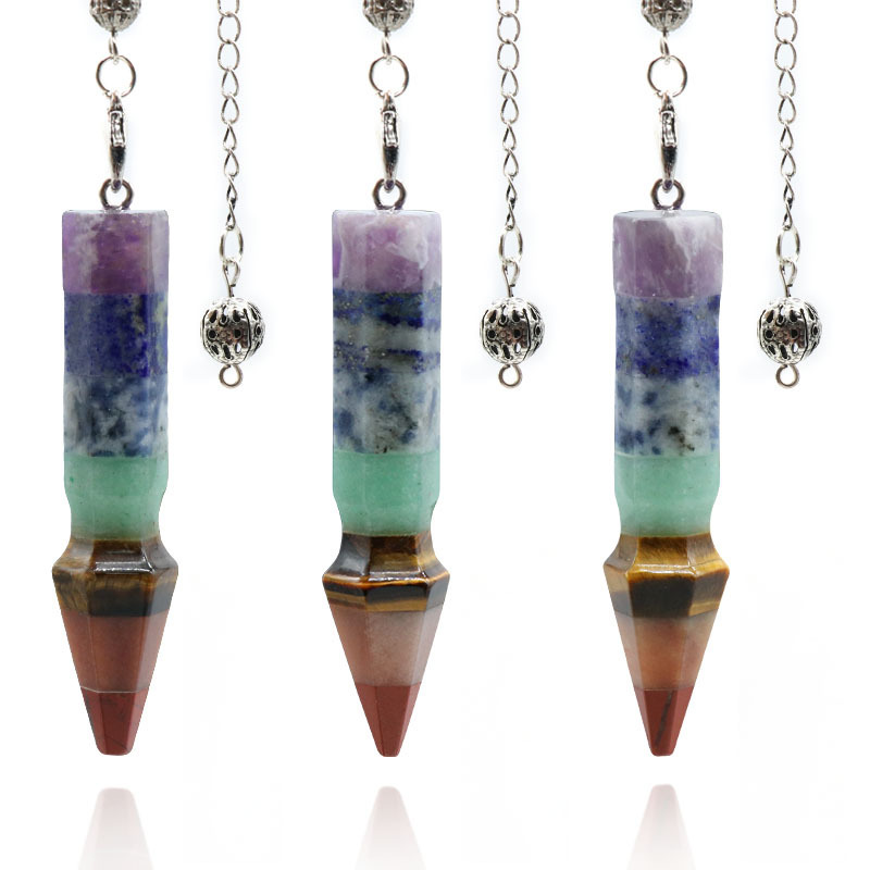 Seven Veins Yoga Pendulum Natural Crystal Colorful Stone Hexagonal Column Bullet Splicing Craft Pendulum Pendant