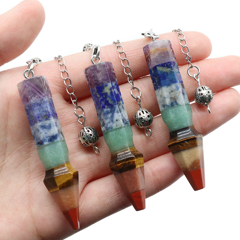 Seven Veins Yoga Pendulum Natural Crystal Colorful Stone Hexagonal Column Bullet Splicing Craft Pendulum Pendant