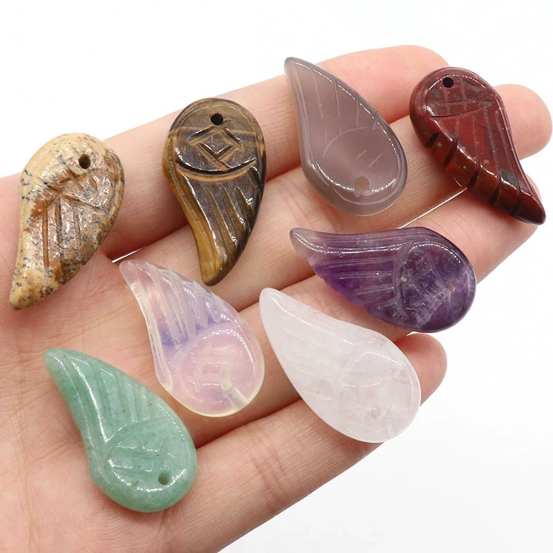 Natural Amethyst Aventurine Carved Wings Rose Quartz Tiger Eye Feather Pendant
