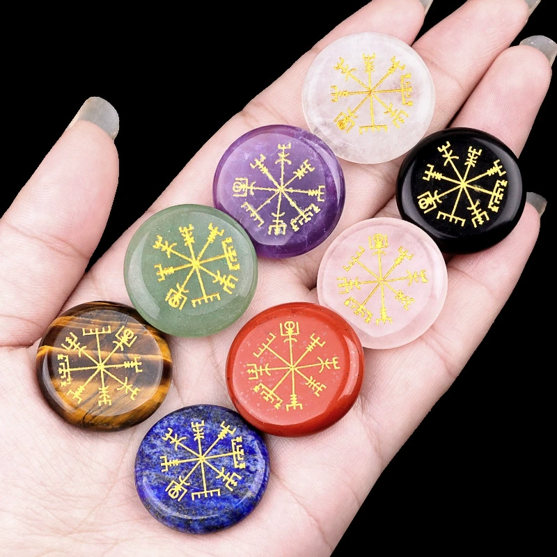 25mm disc natural amethyst carved Vegvisir Viking symbol direction mark home desktop decoration
