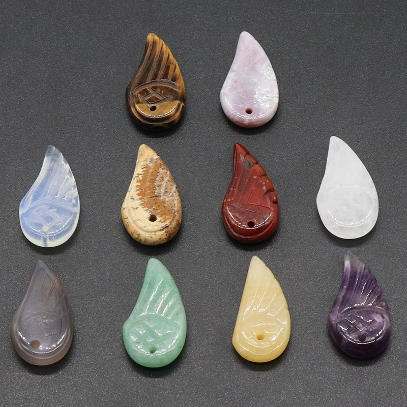 Natural Amethyst Aventurine Carved Wings Rose Quartz Tiger Eye Feather Pendant
