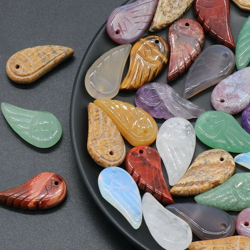 Natural Amethyst Aventurine Carved Wings Rose Quartz Tiger Eye Feather Pendant