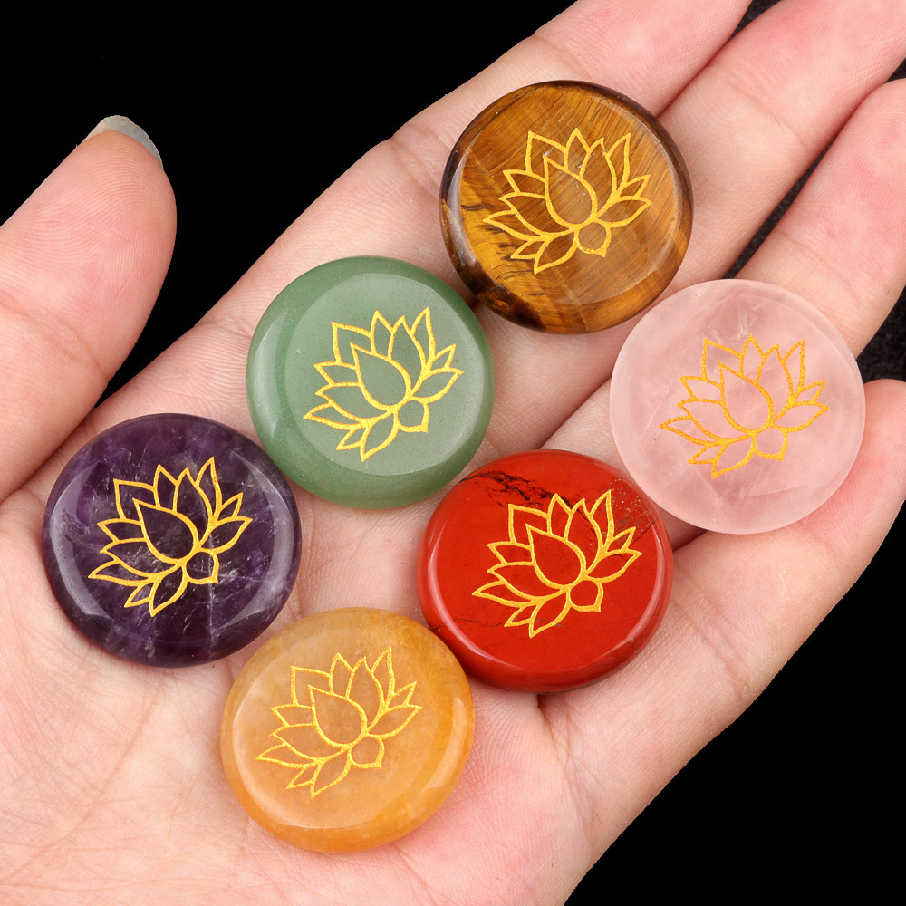 Non-porous natural crystal agate stone 25mm round carved lotus meditation crystal yoga decorative accessory