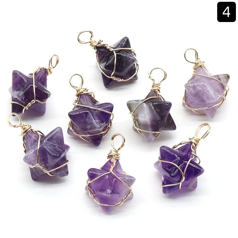Merkaba star pendant around silk wire natural crystal agate stone Merkaba six-pointed star pendant