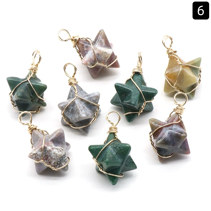 Merkaba star pendant around silk wire natural crystal agate stone Merkaba six-pointed star pendant