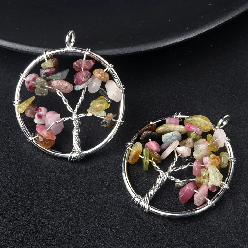 Natural crystal gravel tree of life pendant colorful chakra wrapped money tree diy jewelry accessories