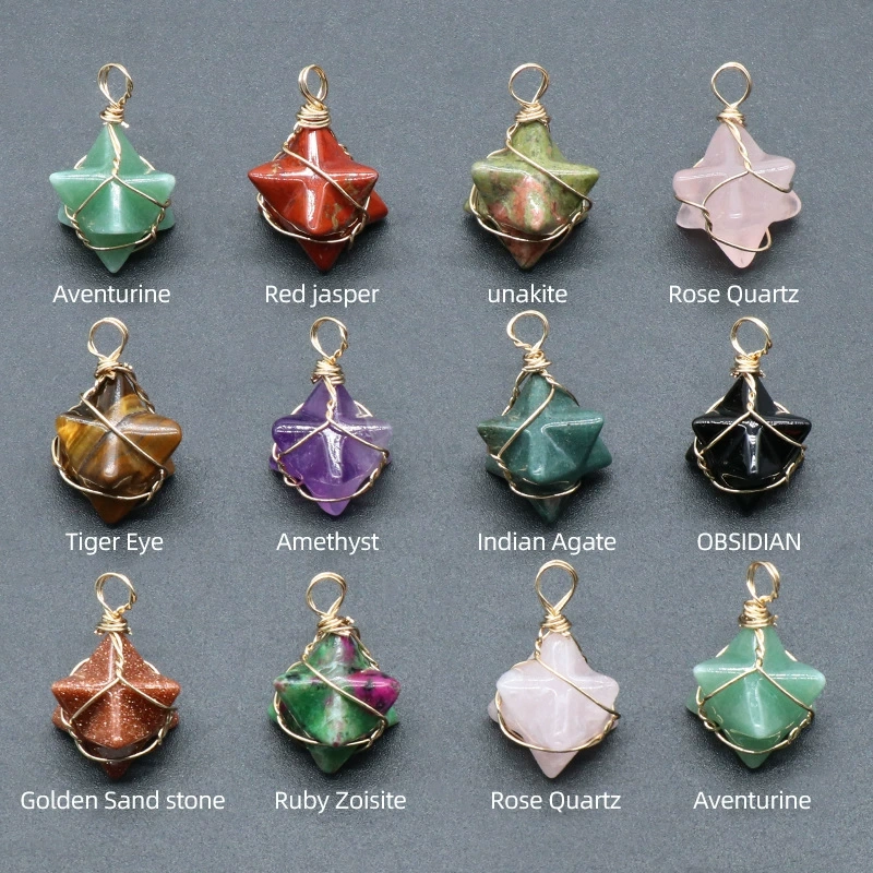 Merkaba star pendant around silk wire natural crystal agate stone Merkaba six-pointed star pendant