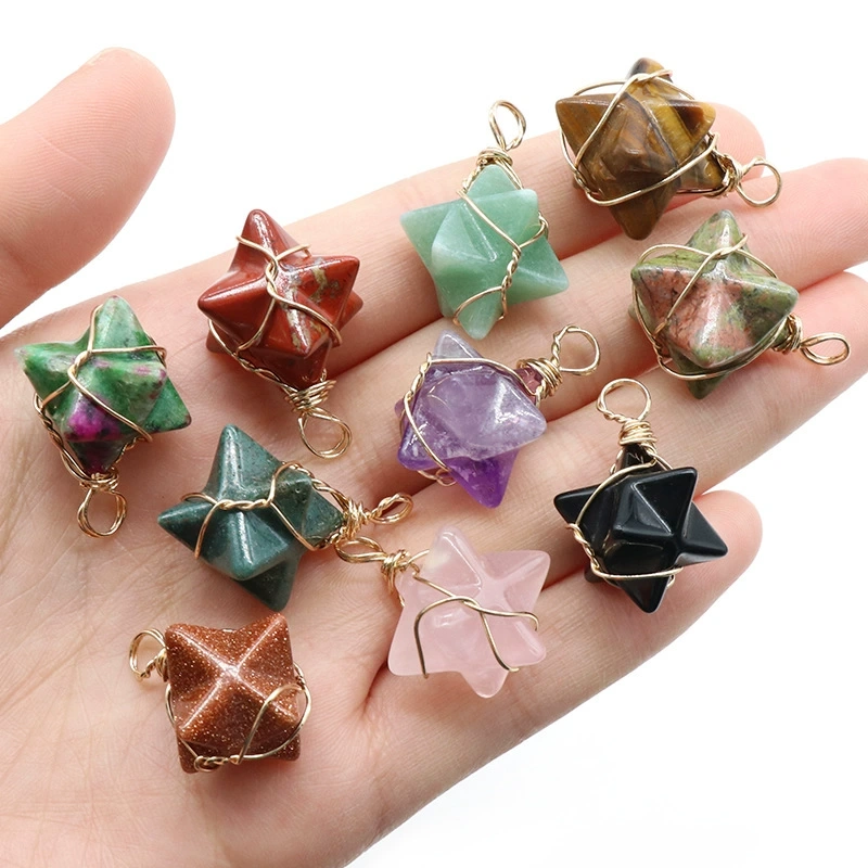 Merkaba star pendant around silk wire natural crystal agate stone Merkaba six-pointed star pendant