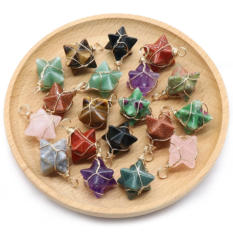 Merkaba star pendant around silk wire natural crystal agate stone Merkaba six-pointed star pendant