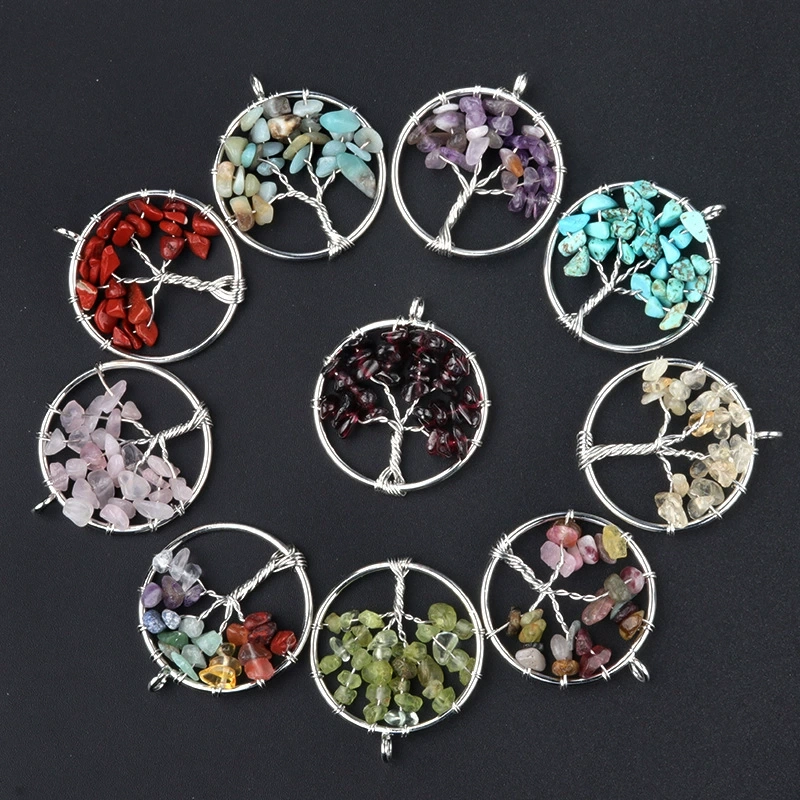 Natural crystal gravel tree of life pendant colorful chakra wrapped money tree diy jewelry accessories