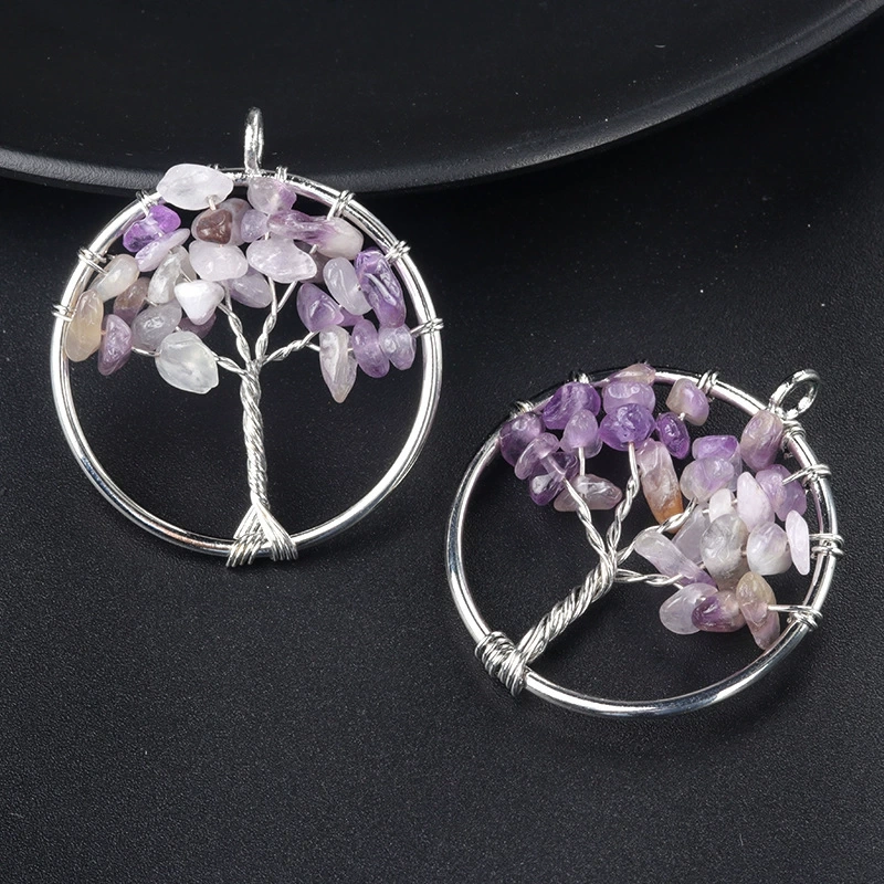 Natural crystal gravel tree of life pendant colorful chakra wrapped money tree diy jewelry accessories