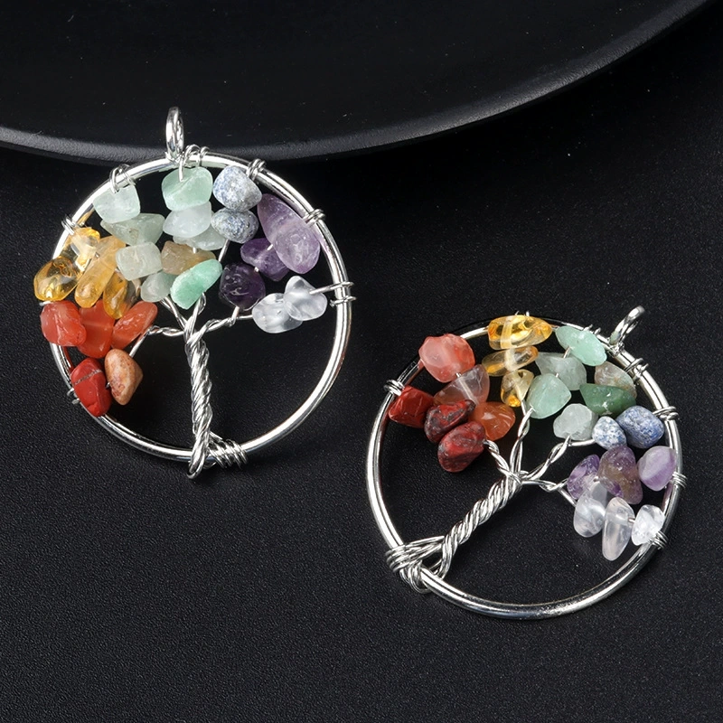Natural crystal gravel tree of life pendant colorful chakra wrapped money tree diy jewelry accessories