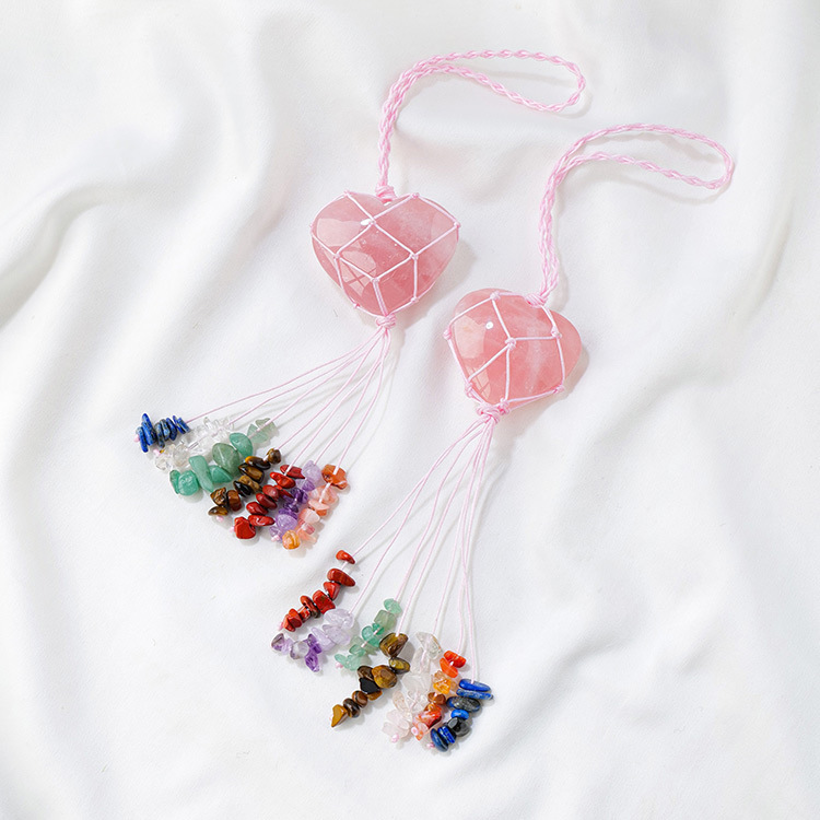 Natural rose quartz love pendant Rose quartz raw stone heart-shaped peach heart colorful gravel tassel pendant