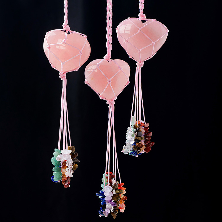 Natural rose quartz love pendant Rose quartz raw stone heart-shaped peach heart colorful gravel tassel pendant