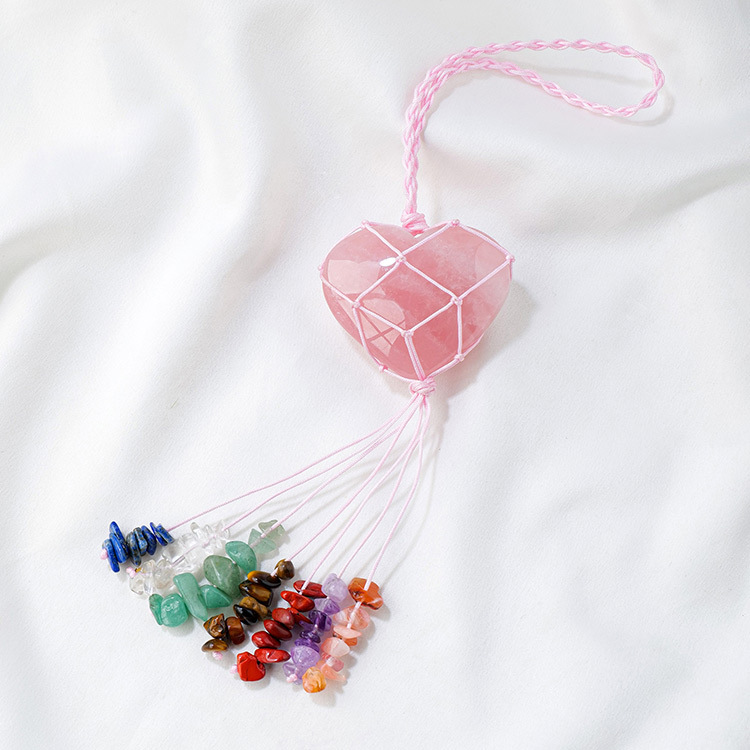 Natural rose quartz love pendant Rose quartz raw stone heart-shaped peach heart colorful gravel tassel pendant