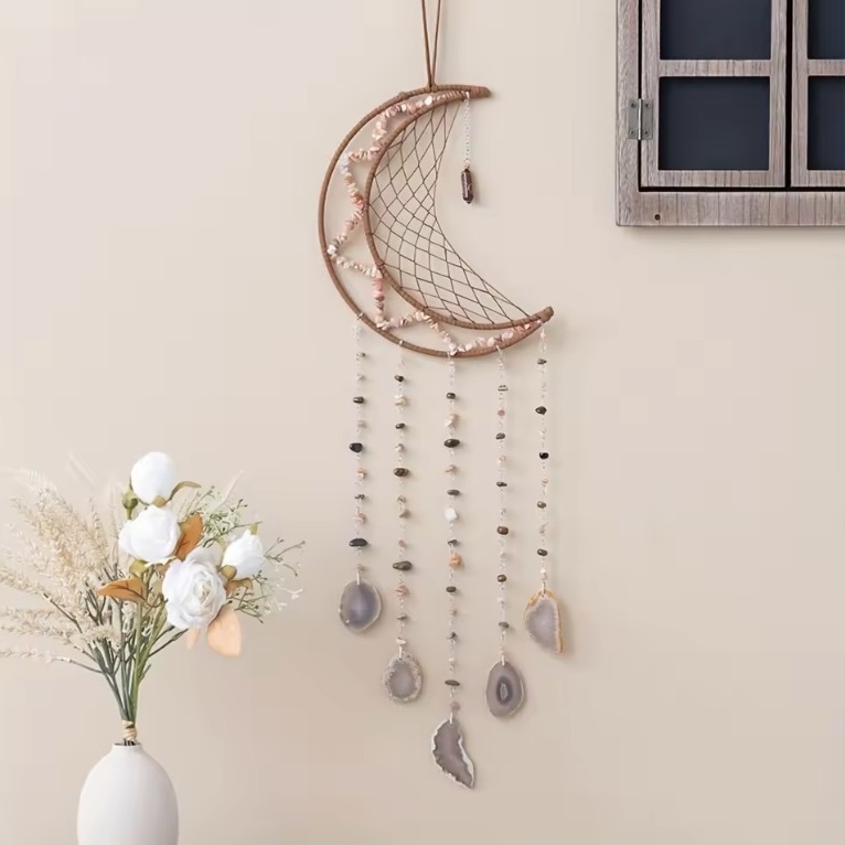 Natural crystal gravel moon dream catcher pendant agate wind chime crystal wall decoration