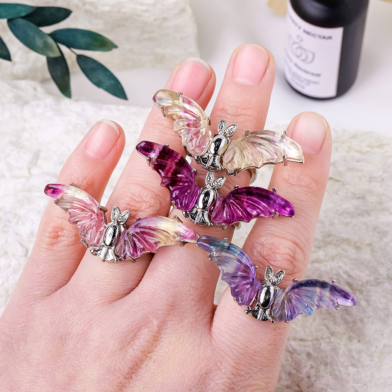 Natural crystal colorful fluorite bat ring