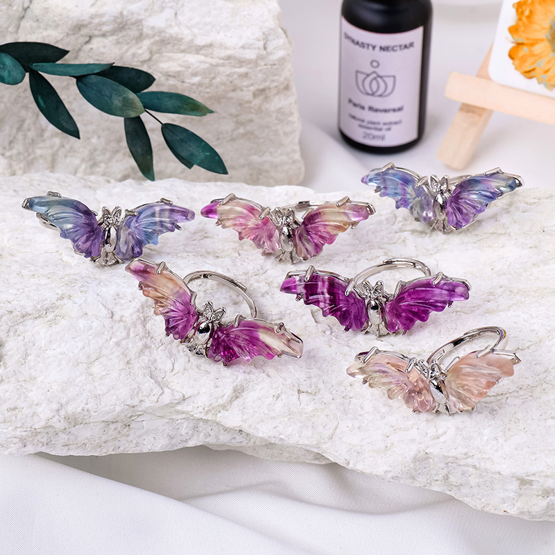Natural crystal colorful fluorite bat ring
