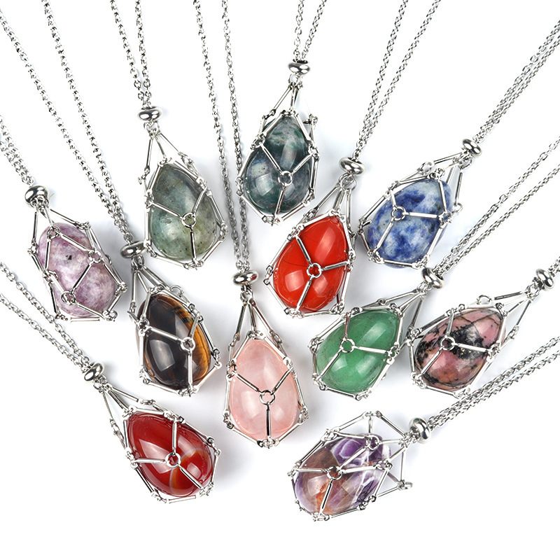 Natural crystal agate Easter egg stone stainless steel chain metal bamboo mesh pocket pendant