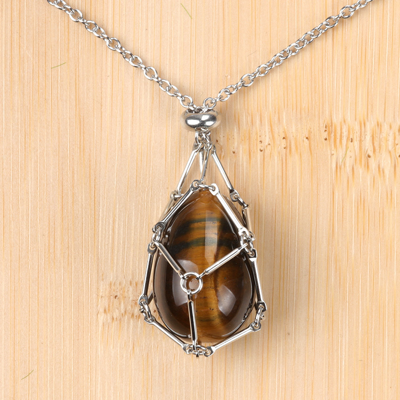 Natural crystal agate Easter egg stone stainless steel chain metal bamboo mesh pocket pendant