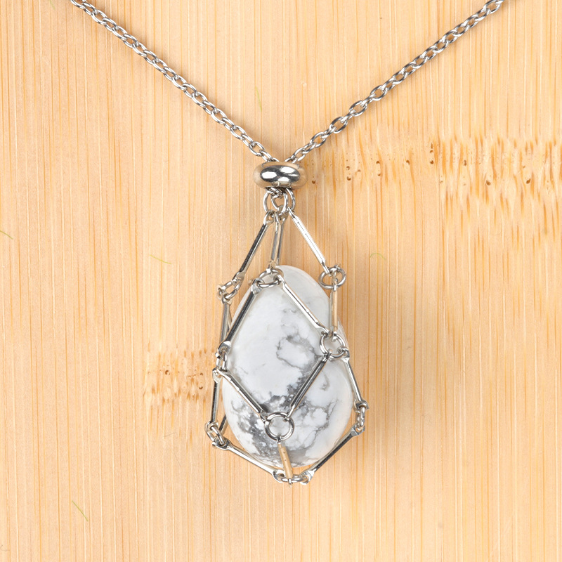 Natural crystal agate Easter egg stone stainless steel chain metal bamboo mesh pocket pendant