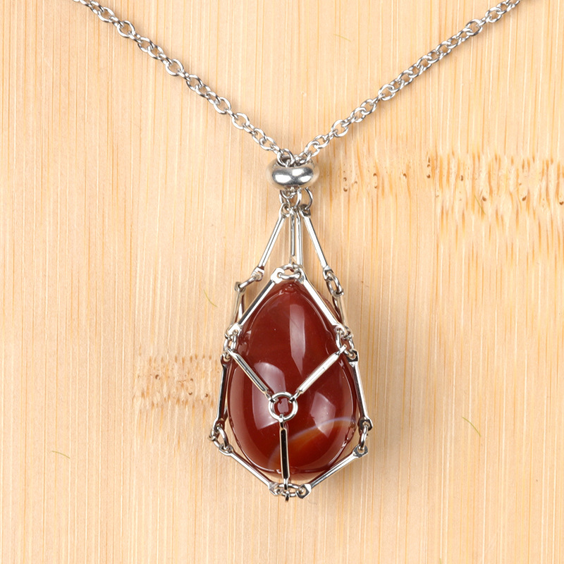 Natural crystal agate Easter egg stone stainless steel chain metal bamboo mesh pocket pendant