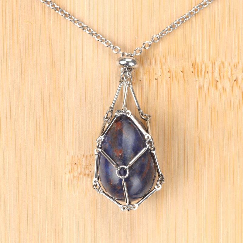 Natural crystal agate Easter egg stone stainless steel chain metal bamboo mesh pocket pendant