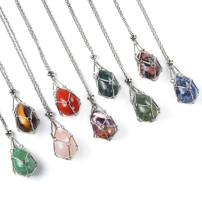Natural crystal agate Easter egg stone stainless steel chain metal bamboo mesh pocket pendant