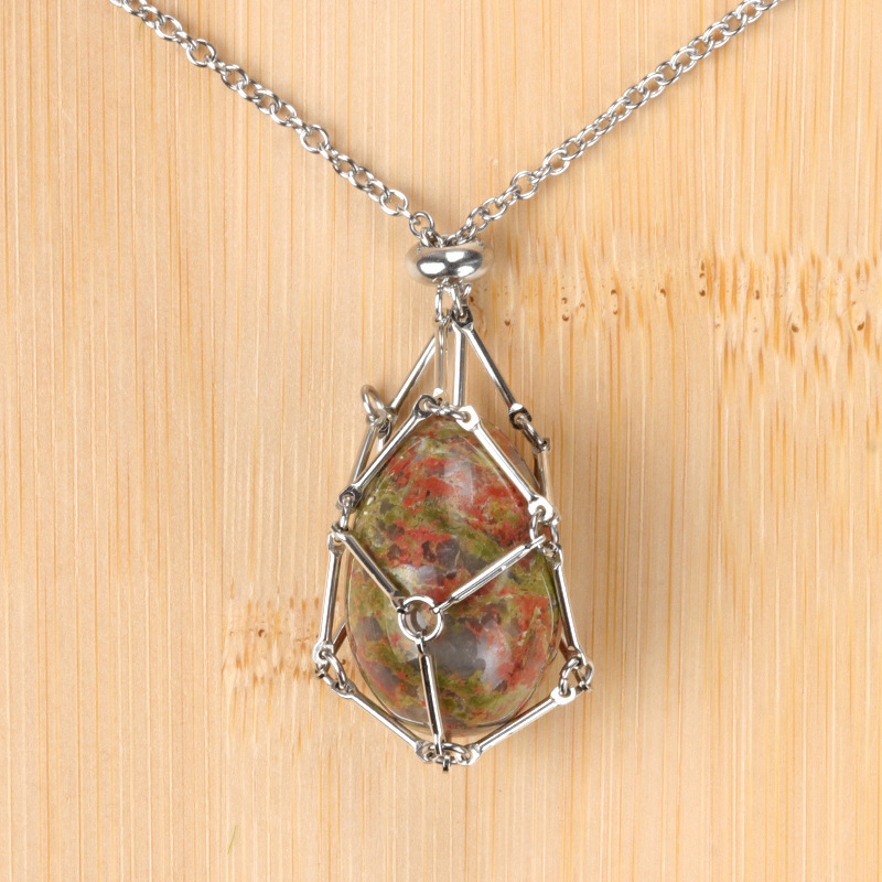 Natural crystal agate Easter egg stone stainless steel chain metal bamboo mesh pocket pendant