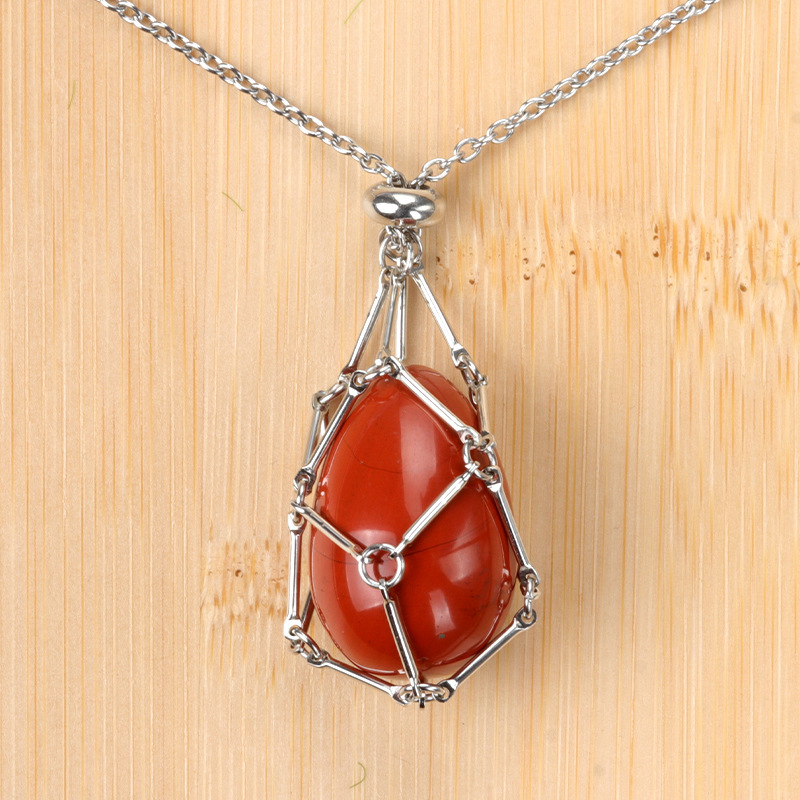 Natural crystal agate Easter egg stone stainless steel chain metal bamboo mesh pocket pendant