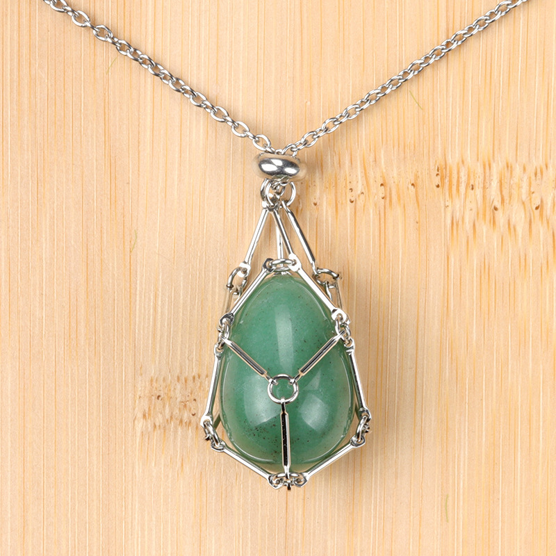 Natural crystal agate Easter egg stone stainless steel chain metal bamboo mesh pocket pendant