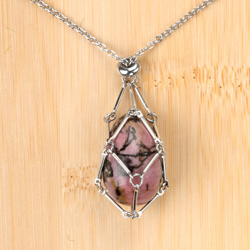 Natural crystal agate Easter egg stone stainless steel chain metal bamboo mesh pocket pendant