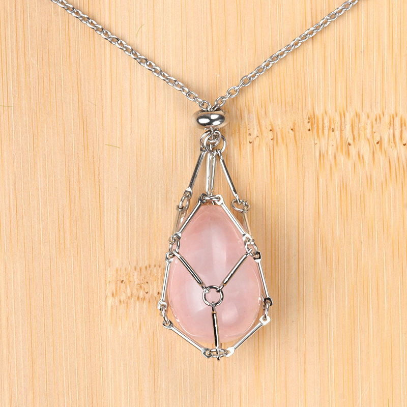 Natural crystal agate Easter egg stone stainless steel chain metal bamboo mesh pocket pendant