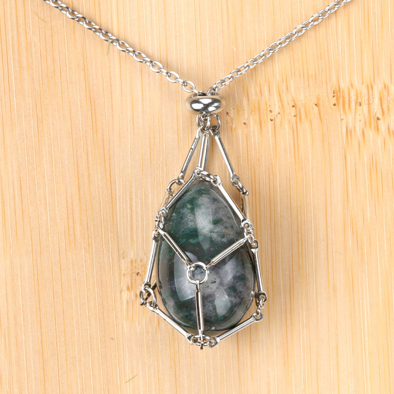 Natural crystal agate Easter egg stone stainless steel chain metal bamboo mesh pocket pendant