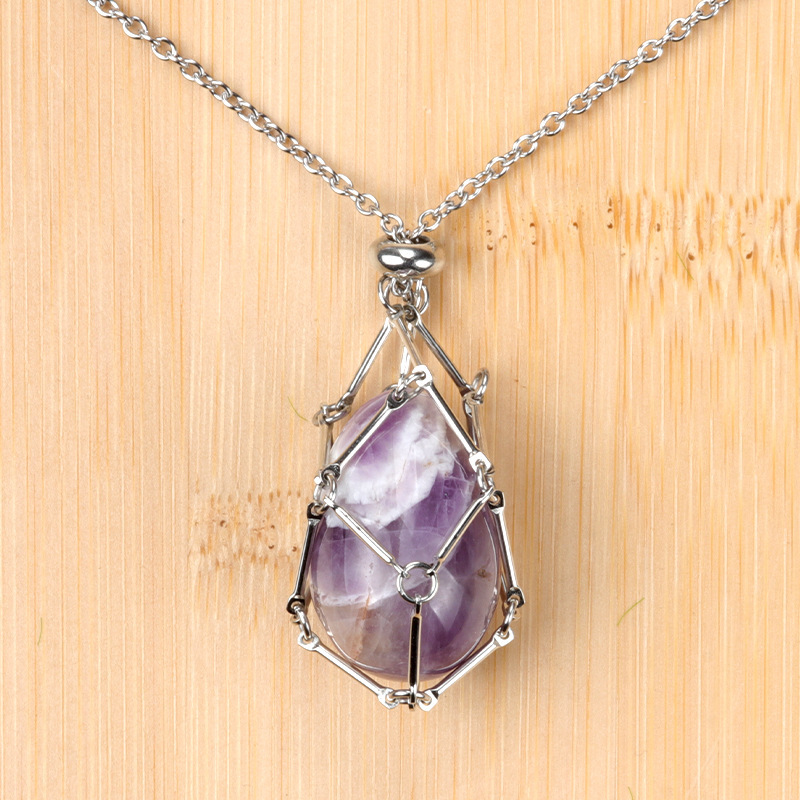 Natural crystal agate Easter egg stone stainless steel chain metal bamboo mesh pocket pendant