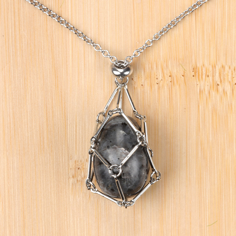 Natural crystal agate Easter egg stone stainless steel chain metal bamboo mesh pocket pendant