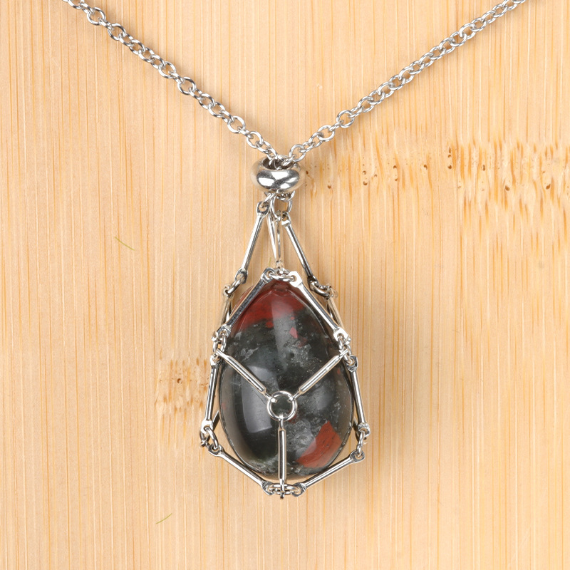 Natural crystal agate Easter egg stone stainless steel chain metal bamboo mesh pocket pendant