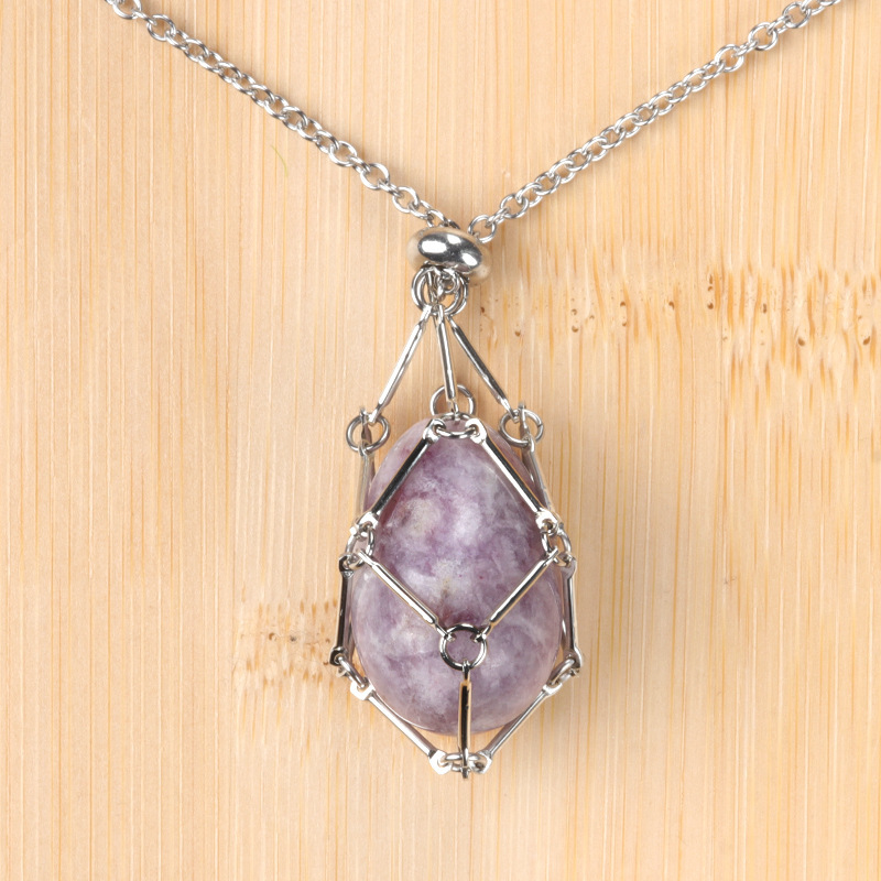 Natural crystal agate Easter egg stone stainless steel chain metal bamboo mesh pocket pendant