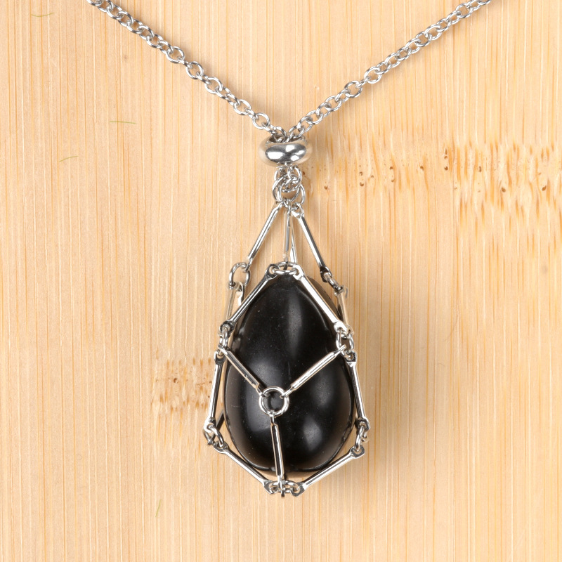 Natural crystal agate Easter egg stone stainless steel chain metal bamboo mesh pocket pendant