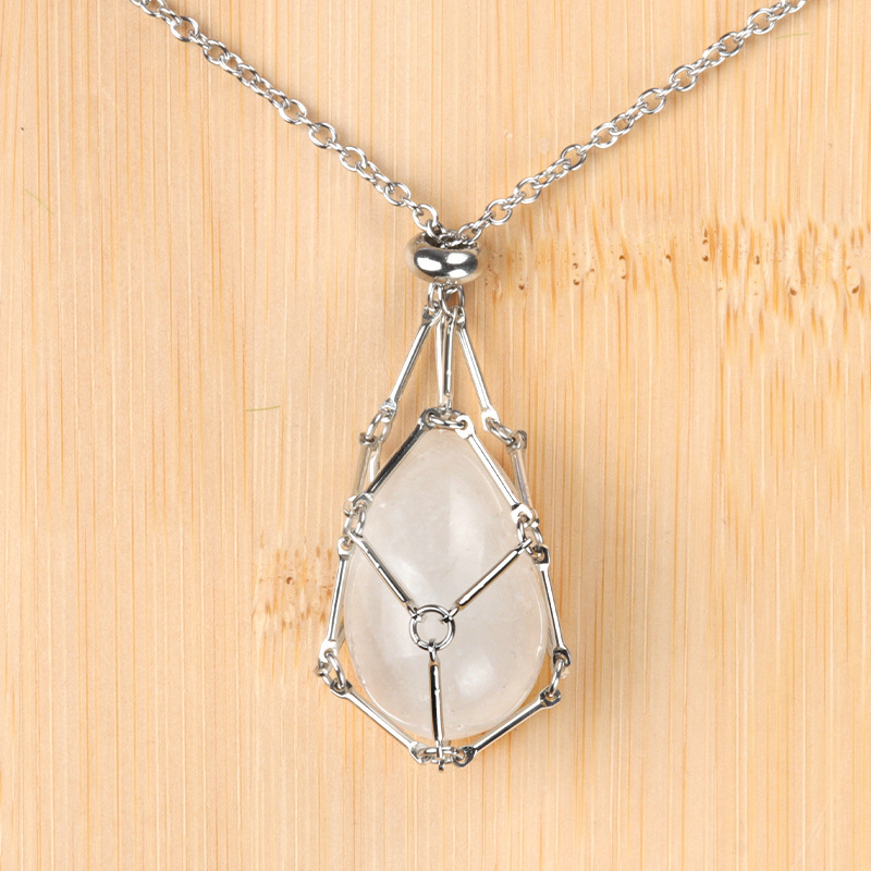 Natural crystal agate Easter egg stone stainless steel chain metal bamboo mesh pocket pendant