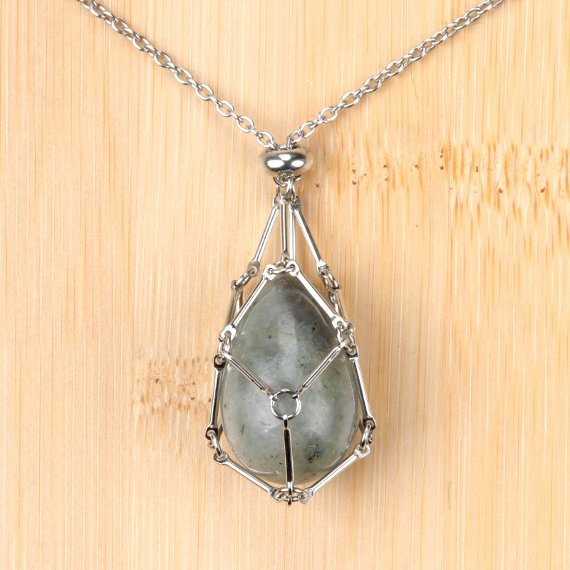 Natural crystal agate Easter egg stone stainless steel chain metal bamboo mesh pocket pendant