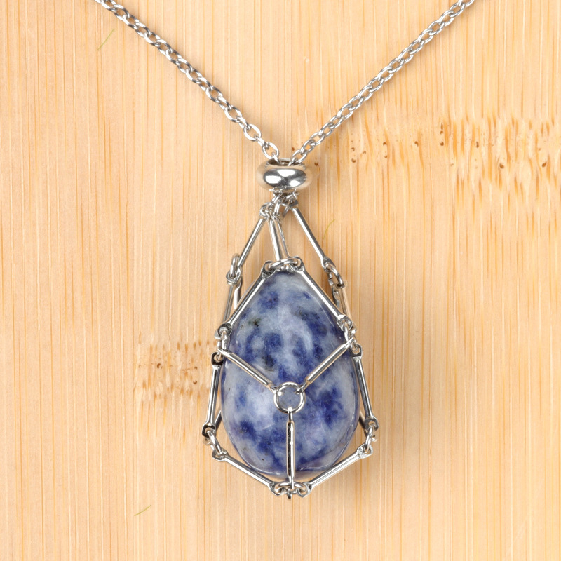 Natural crystal agate Easter egg stone stainless steel chain metal bamboo mesh pocket pendant