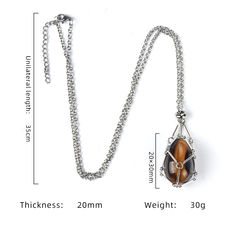 Natural crystal agate Easter egg stone stainless steel chain metal bamboo mesh pocket pendant