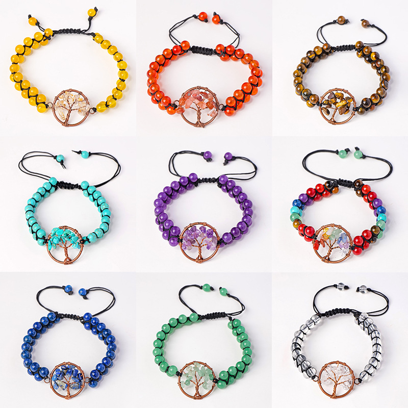 Natural crystal gravel tree of life round bead bracelet double layer braided crystal bracelet