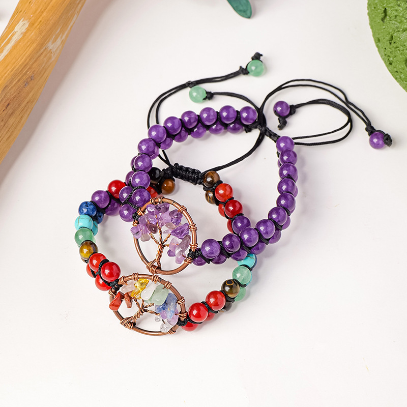 Natural crystal gravel tree of life round bead bracelet double layer braided crystal bracelet