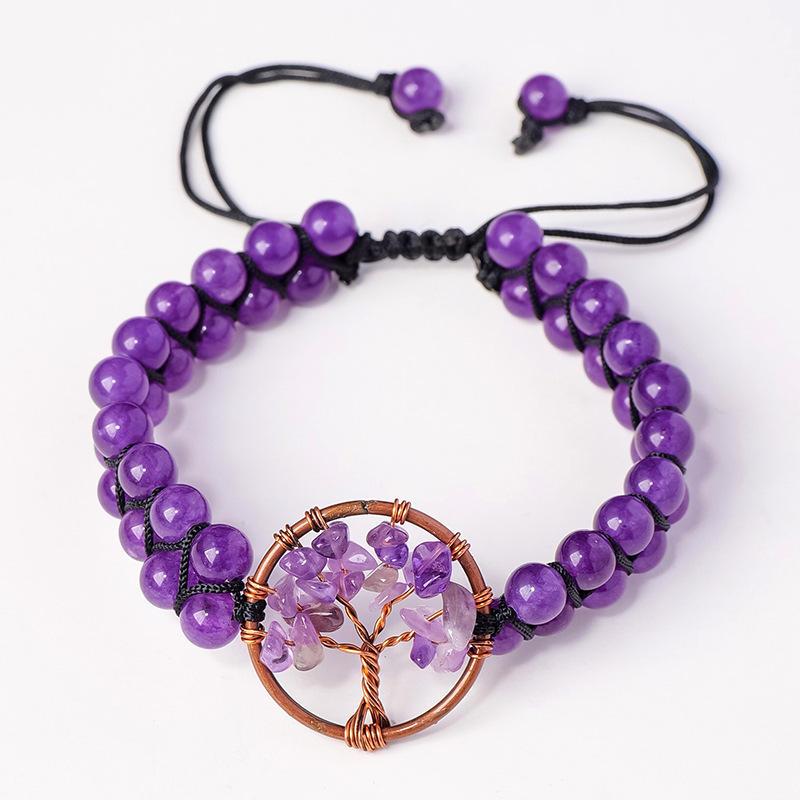 Natural crystal gravel tree of life round bead bracelet double layer braided crystal bracelet