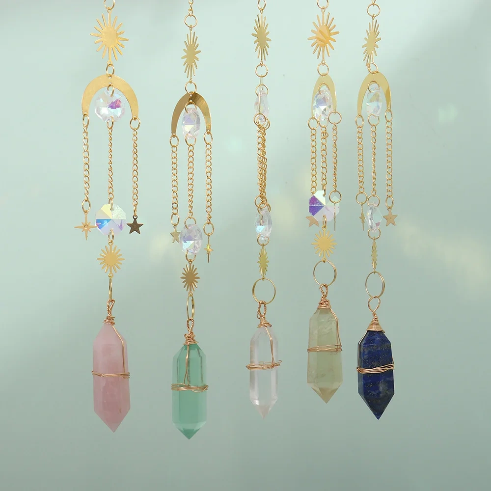 Natural Crystal Wand Wind Chime Clear Quartz Hanging Pendant Handmade Star Moon Sun Catchers Window Hanging Home Decoration Gift